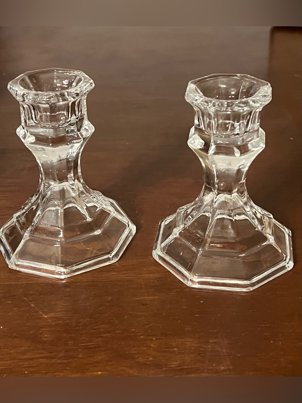 Pair of Clear Glass Hexagonal Candlesticks - Classic Taper Holders 4”